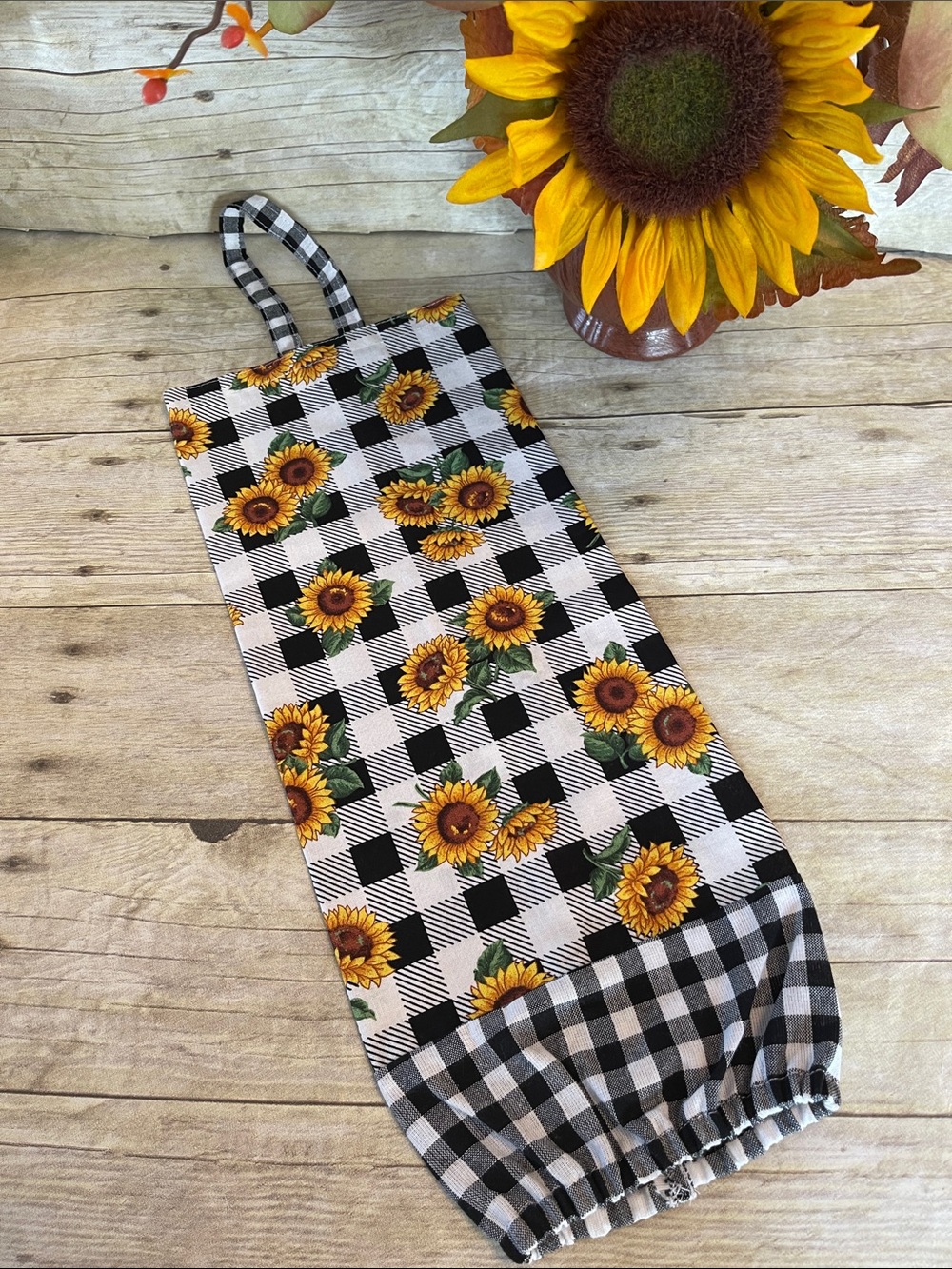 Grocery Bag Holder Sunflower & Buffalo Check Cotton Sac Holder Organizer